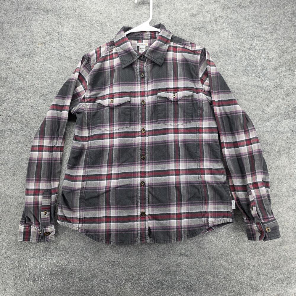 Carhartt Shirt Womens Medium Gray Red Plaid Flannel Button Front Long Sleeve